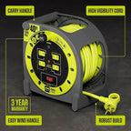 Masterplug 40ft Case Cord Reel, Retractable Extension Lead with Winding Handle, Safety Overload Circuit Breaker and Power Switch, 4X Grounded Outlets, 13amps, 14AWG Cable