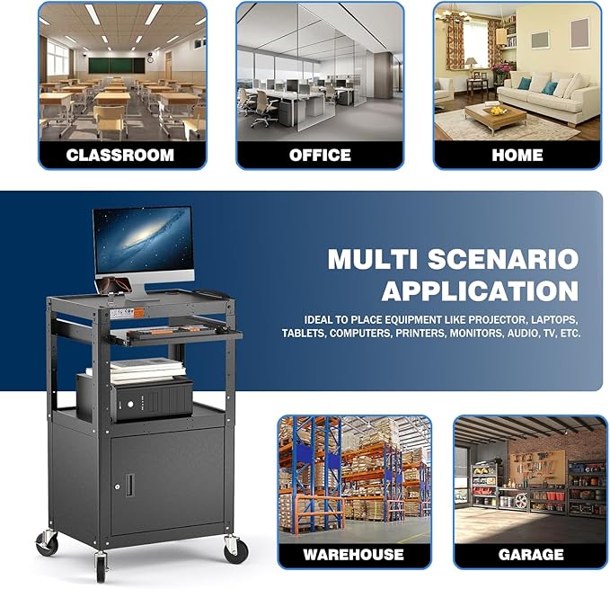 Steel Large AV Cart with Locking Cabinet - Adjustable Height Media Carts with Wheels, Pullout Tray, Power Strip for Mobile Work Station - Rolling Computer Cart for Office Classroom Presentation
