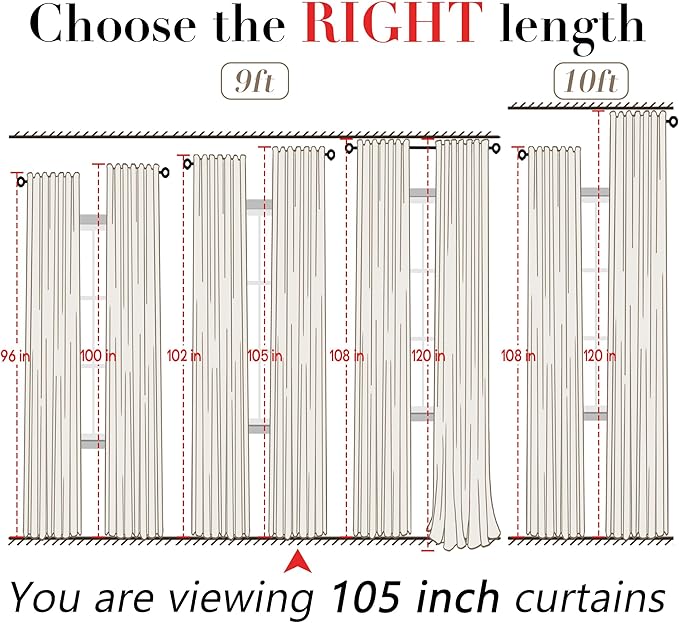 XTMYI 105 Inch White Cotton Linen Curtains 2 Panels Set Custom Length Back Tab Window Sheer Curtain Drapes for Living Room Bedroom,50x105 in Long