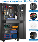 71" H*15" D*30" W Garage Storage Cabinet with Wheels and Doors,Lockable Metal Storage Cabinet with Pegboard Hooks and Drawer for Garage Warehouse Home,Required Assembly,Black