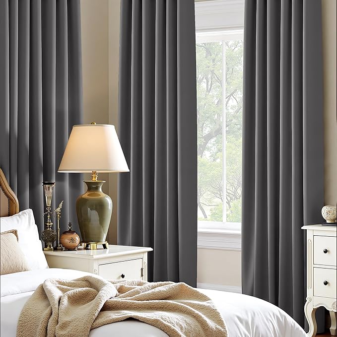 PONY DANCE Gray Short Black Out Curtains 48 inch Long for Small Window, Rod Pocket Privacy Bathroom Draperies,Thermal Insulated Lighting Blocking Drapes for RV(2 Panels Set,Grey, W42 x L48 inches)