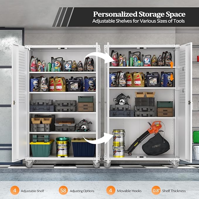 VINGLI Upgraded Wide & Deep Garage Storage Cabinet, Metal Storage Cabinet with Pegboards, Wheels, Locking Doors and Adjustable Shelves (Gray, 43''W x 20''D x 72''H)