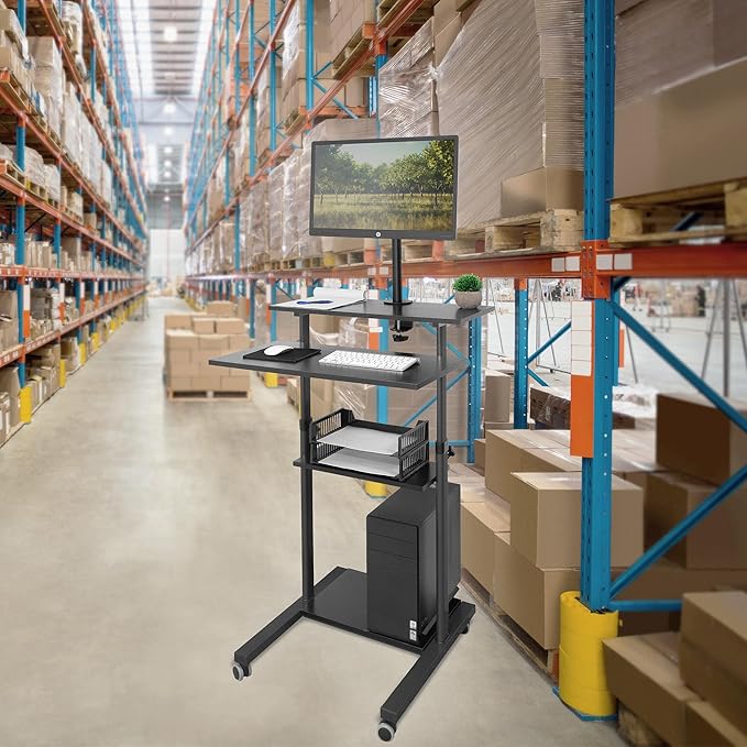 Mount-It! Mobile Computer Cart with Monitor Mount for Screen up to 32", Portable Desk on Wheels, Rolling Laptop Stand for Teachers, Office, Classroom, Rise up to 53", Podium, Keyboard Tray, Black