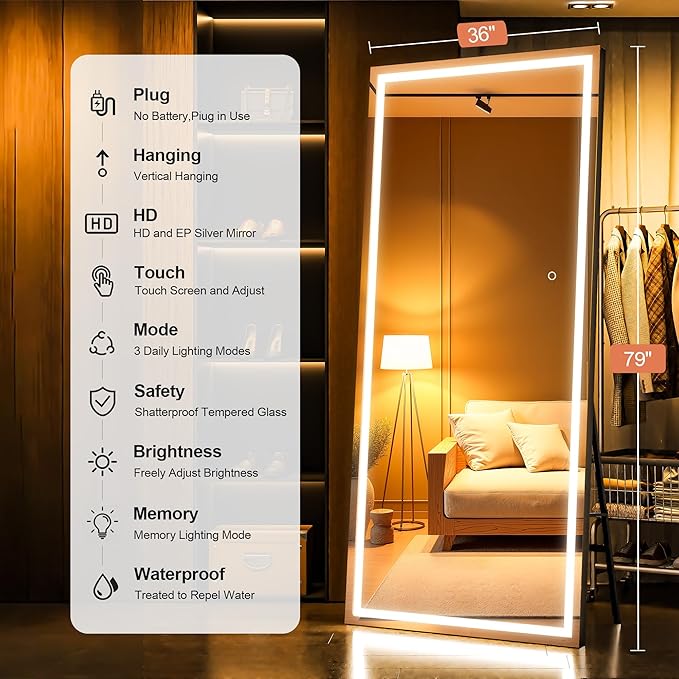 Full Length Mirror with Lights, 79" x 36" Large LED Lighted Floor Standing Body Mirror, Dimmable & 3 Color Lighting for Bedroom, Cloakroom, Dressing Room, Tempered Glass, Square Black