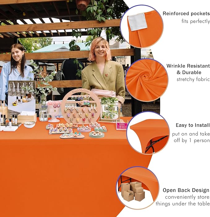 Nasitos 2 Pack Spandex Tablecloths for 6 Foot Rectangle Table - Open Back Orange Stretch Table Cloths, Wrinkle Resistant for Wedding, Parties, Buffet, Baby Shower