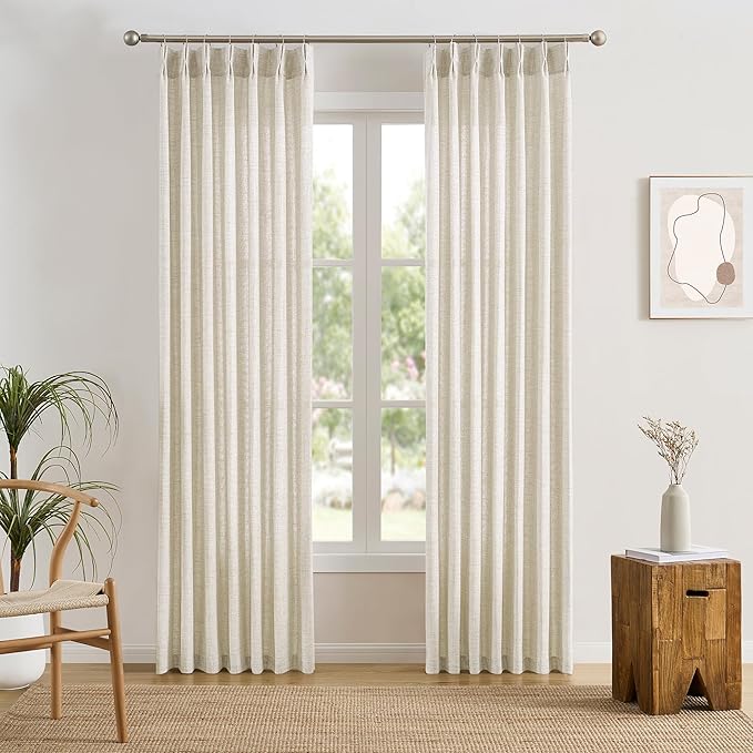 RAIN CITY Linen Pinch Pleated Curtains 90 Inches Long Set of 2, 42 Inch Wide Semi Sheer Light Filtering Drapes for Bedroom Living Room Home Decor,Back Tab Panels with Hooks,W42 x L90,Natural Color