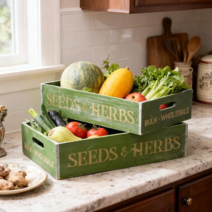 Extra Large Wooden Crate Set of 2 Rustic Wood Storage Crates Farmhouse Nesting Wooden Crate Basket Vintage Home Decorative Boxes with Handles for Display (Green)