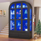 Arched Display Cabinet with 3 Glass Doors,5-Tier Curio Cabinet W/3 Color Lights for Collectibles,78'' Tall Curio Cabinet W/2 Drawers,Modern Display Case W/Human Body Sensor for Living/Game Room,Black