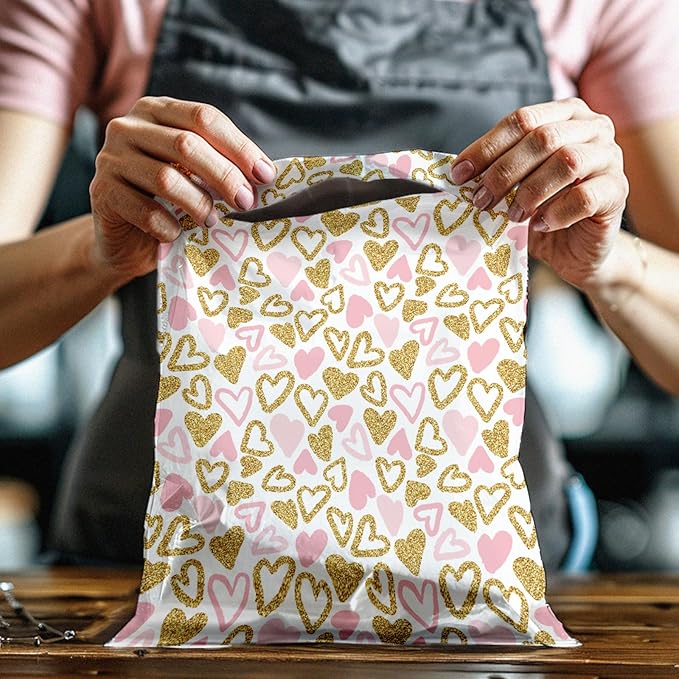 12x15 (50) Pink and Gold Hearts Valentine's Day Designer Poly Mailers Waterproof Self Sealing Tear Resistant Polymailers Large Shipping Envelopes Premium Printed Bags For Small Businesses