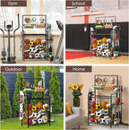 HEOMU Sports Equipment Organizer, Ball Organizer with Elastic Rope and Side Rack, Garage Ball Storage with 5 Hooks and 2 Baskets, Basketball Rack for Garage, Gym, Indoor or Outdoor, Black