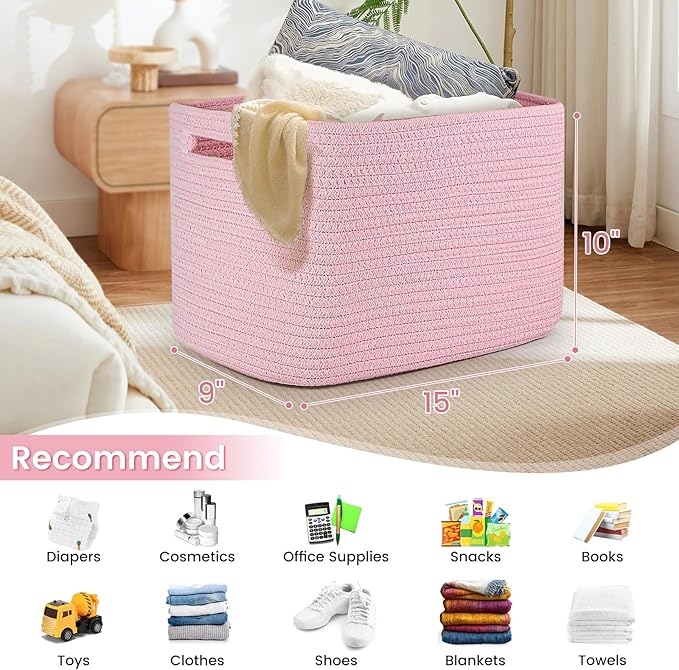 3 Pack Shelf Woven Storage Basket, 15 x 10 x 9” Closet Rope Baskets For Organizing, Square Bins with Handles, Pink