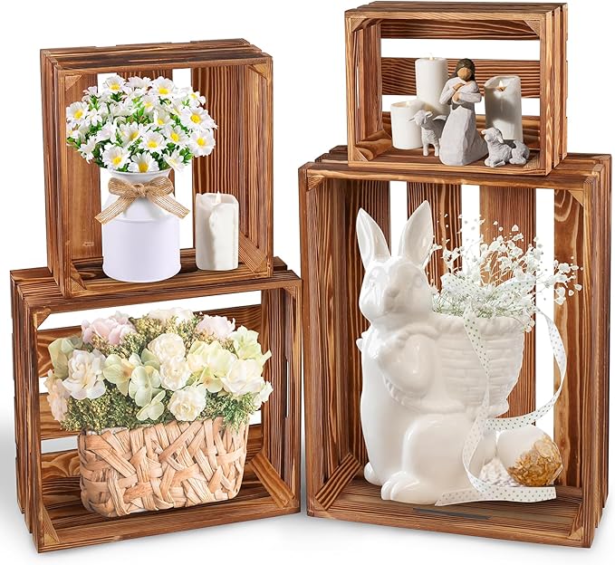4 Pieces Decorative Wood Crates for Party Display, Large Rustic Farmhouse Wooden Nesting Storage Crates with Handles for Wedding Birthday Home Party Decoration
