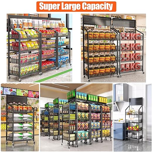 4 Tier Supermaket Snack Rack Display Stand, Free-Standing Black Retail Display Shelves with 12 Hooks & 4 Wheels, Large Metal Snack Shelf for Store Business