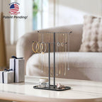 pickpiff Necklace Holder Jewelry Organizer Stand – 2‑Tier T‑Bar Jewelry Display Tree with Tray for Countertop Necklace Bracelet Earring Storage, Vanity Dresser Bathroom Sink, Black