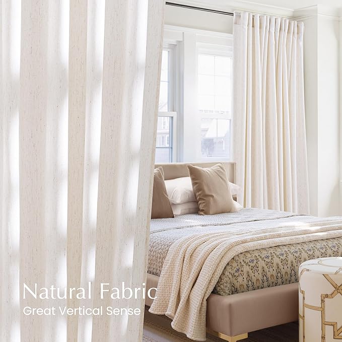 NICETOWN Thick Linen Cream Curtains 84 inches Long 2 Panels Set, Pleat Tape Semi Sheer Privacy Added with Light Filtering Window Treatments for Living Room/Bedroom, W52 x L84