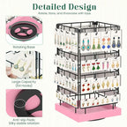 EsLuker.ly Rotating Earring Display Holder Stand for Vendors Events Selling, Large Capacity 64 Hooks Jewelry Rack with Wooden Base for Earring Card Sales, Enhances Retail Display Visibility(Pink)