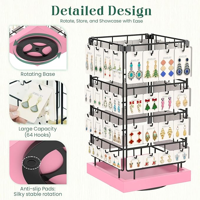 EsLuker.ly Rotating Earring Display Holder Stand for Vendors Events Selling, Large Capacity 64 Hooks Jewelry Rack with Wooden Base for Earring Card Sales, Enhances Retail Display Visibility(Pink)