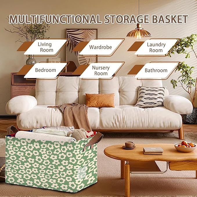 Vintage Groovy Flowers Storage Basket Large 17x11.5x10.5 Inche-Collapsible Fabric Organizer Bin with Handles for Living Room,Bedroom,Blankets-Decorative Hamper with 70s Retro Floral Design-Single Pack