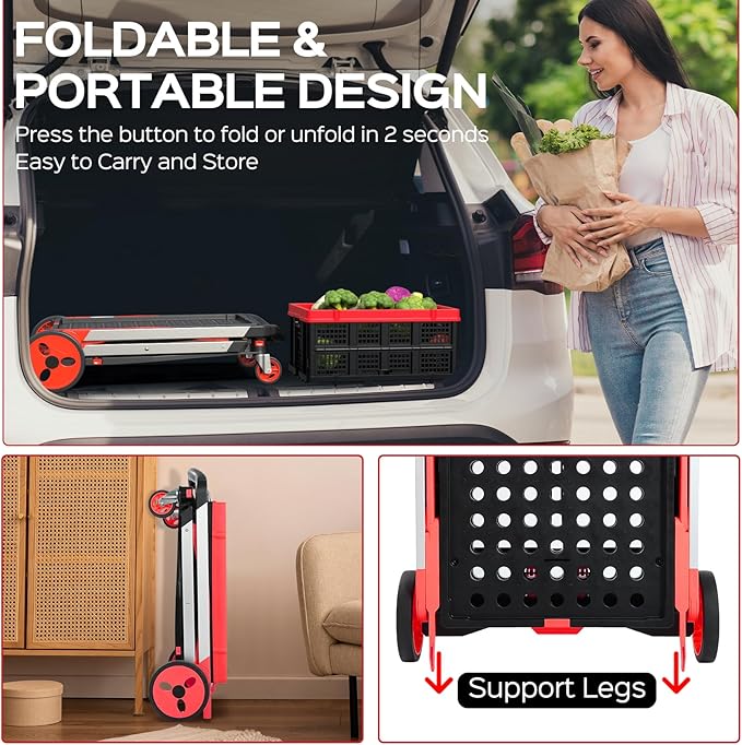 Collapsible Shopping Cart with Wheels, 200 lbs Capacity Grocery Cart on Wheels with Storage Crate, Platform Hand Truck with Foot Brake, Red