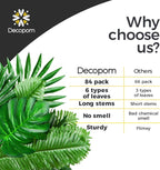 Decopom Palm Leaves Artificial Tropical Monstera-84Pcs 6 Kinds Large Small Green Fake Palm Leaf with Stems for Safari Jungle Hawaiian Luau Party Table Decoration Wedding Birthday Theme Party