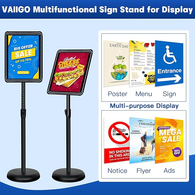 Sign Stand for Display - Adjustable 8.5x11 Inch Floor Standing Sign Holder, Pedestal Poster Stand for Vertical & Horizontal View, Indoor & Outdoor Use for Business, Mall, Restaurant - Black