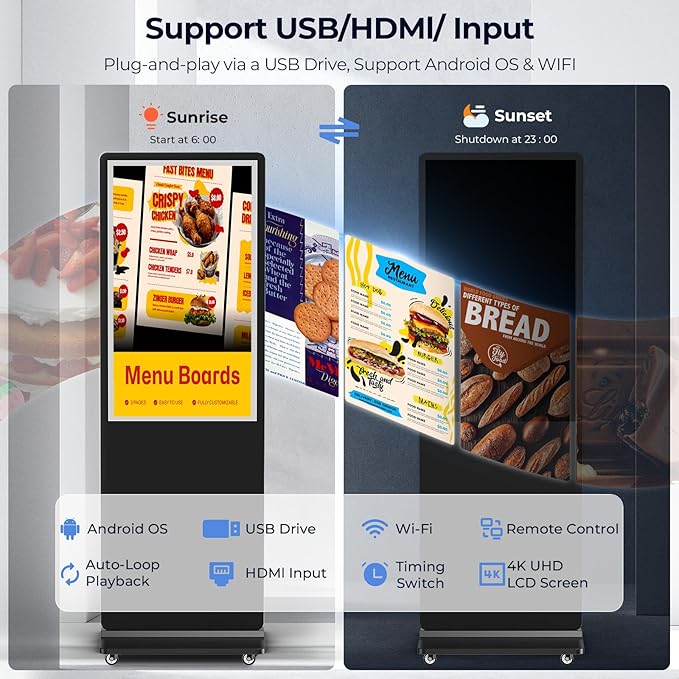 32/43/55/65 Inch Digital Signage Display, LCD Screen Advertising Display Kiosk Interactive Totem Floor Standing Auto AD Player with USB/HDMI/WiFi Android OS (43'' Non-Touch)