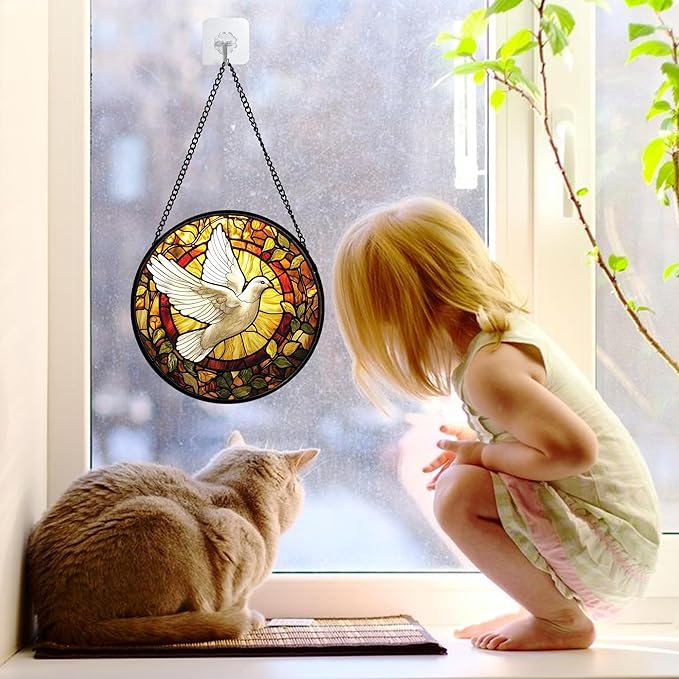 Stained Glass Window Hanging, Flying White Dove Sun Catchers Diamond Glass Panel Hangings Cute Birds Suncatcher Decor for Birthday for Women, Men, Wife, Aunt, and Mom 11.8 in