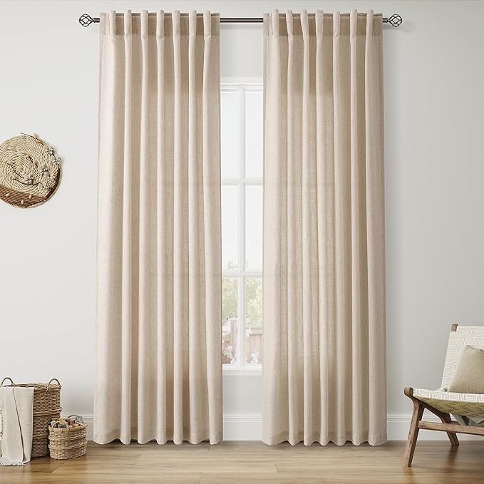 Nanspring Grey Flax 84 Inch Curtains for Living Room Luxury Linen Blend Light Filtering Mordern Boho Curtain Back Tab and Rod Pocket Privacy Sheer Drapes for Bedroom Office 52x84, 2 Panels