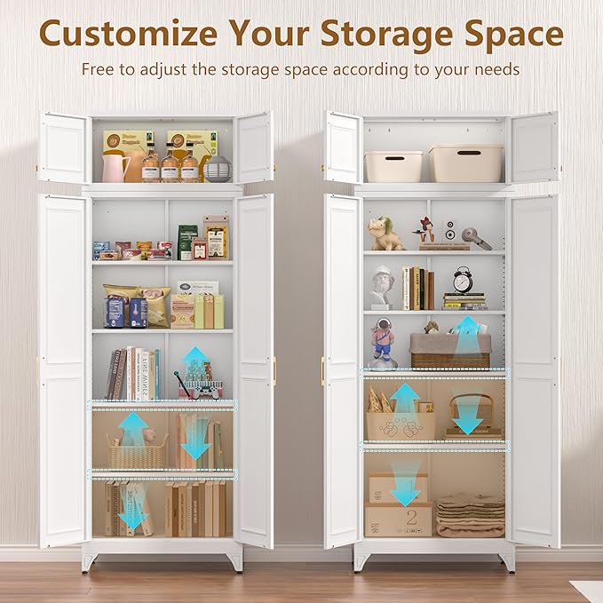 Kitchen Pantry Cabinet, 90" Tall Metal Storage Cabinet, Food Pantry cabinets with Doors and Shelves, Storage Cabinets for Living Room, Dining, White,16" D x 32" W x 90" H, Assembly Required