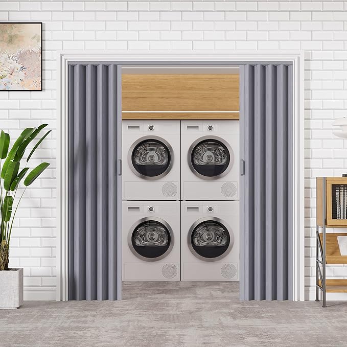 72" x 80" Accordion Doors Interior Folding Door, Grey PVC Accordion Door for Opening Width: 61"-72", Adjustable Height & Width, Two Strong Magnetic Blocks for Close Tightly, Protect Privacy