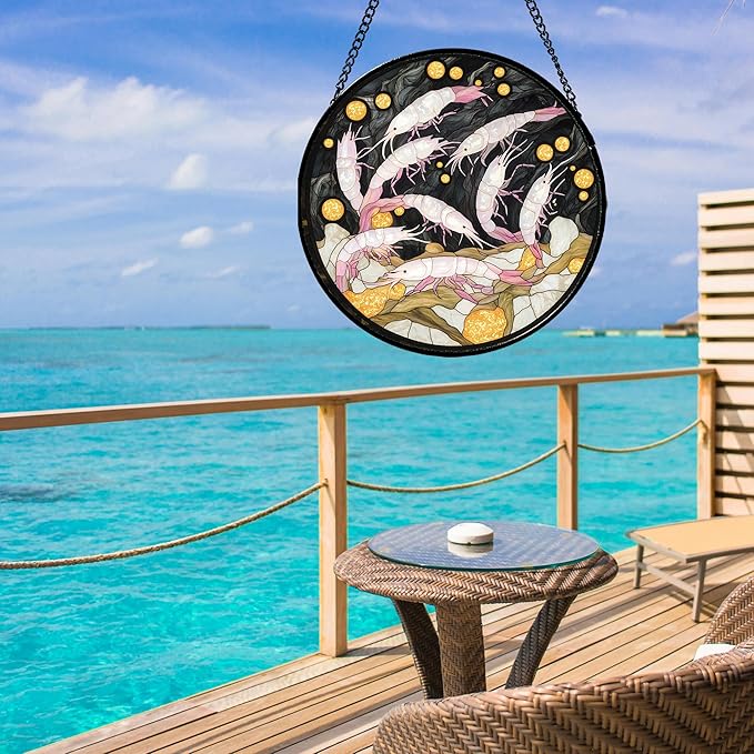 Stained Glass Window Hanging - Pink Shrimp Suncatcher for Doors Garden Marine Life Sun Catchers Decor Christmas Mother's Day Birthday Gifts for Women Men Mom Nana Friend Boys Girls 6.3 in