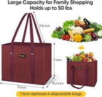 BALEINE 3Pk Reusable Grocery Bags, Foldable Shopping Bags for Groceries with Reinforced Bottom & Handles (Red)