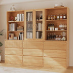 TUSY 71'' Freestanding Tall Storage Cabinet, 5 Tier Wood Bookcase with 3 Drawers and 2 Tempered Glass Doors (DBBD)