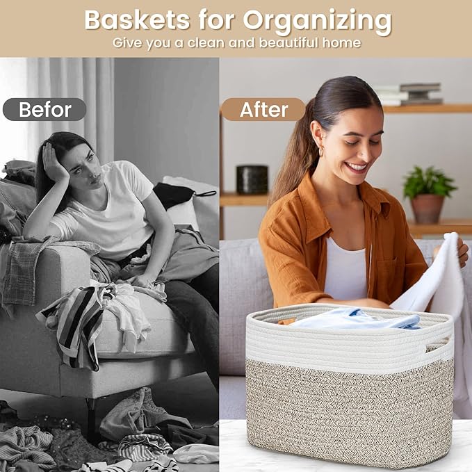 3 Pack Shelf Woven Storage Basket, 15 x 10 x 9” Closet Rope Baskets For Organizing, Square Bins with Handles, White+Rice Brown
