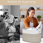 3 Pack Shelf Woven Storage Basket, 15 x 10 x 9” Closet Rope Baskets For Organizing, Square Bins with Handles, White+Rice Brown