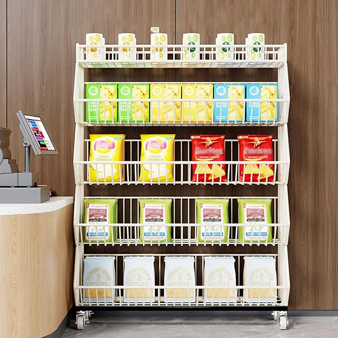 Commercial Supermarket Display Cart - 5-Tier Industrial Slanted Rolling Shelves Metal Storage Rack for Retail Store, Warehouse & Home Use, 66LBs/Tier Tool-Free Setup