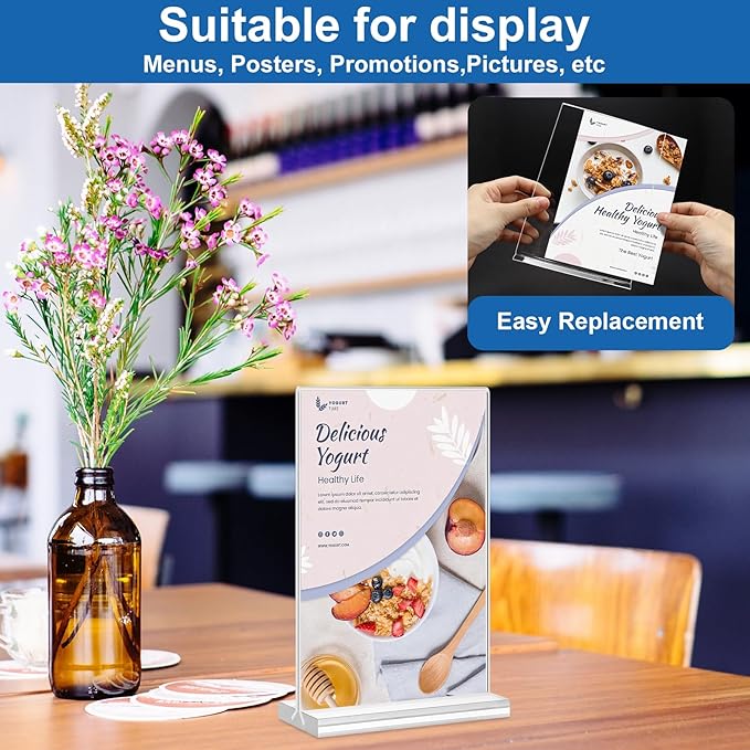 Acrylic Sign Holder 5.5 x 8.5, 10 Pack Double-Sided Stand up Table Top Clear Sign Holders, T Shape Plastic Acrylic Picture Frame Menu Flyer Paper Holder Display Stands for Office Store Wedding Party