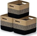 3 Pack Shelf Woven Storage Basket, Closet Rope Baskets For Organizing, 15 x 10 x 9” Square Bins with Handles, Black+Brown