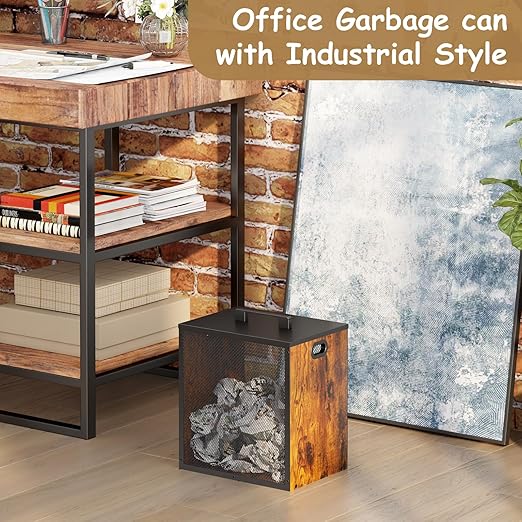 Office Garbage Can With Lid - Iron and Wood Combination Bedroom Garbage Can, Retro Industrial Style Trash Can with Handle, Rectangular Design Wastebasket for Home Office, 4.5 Gallon (Patent Pending)