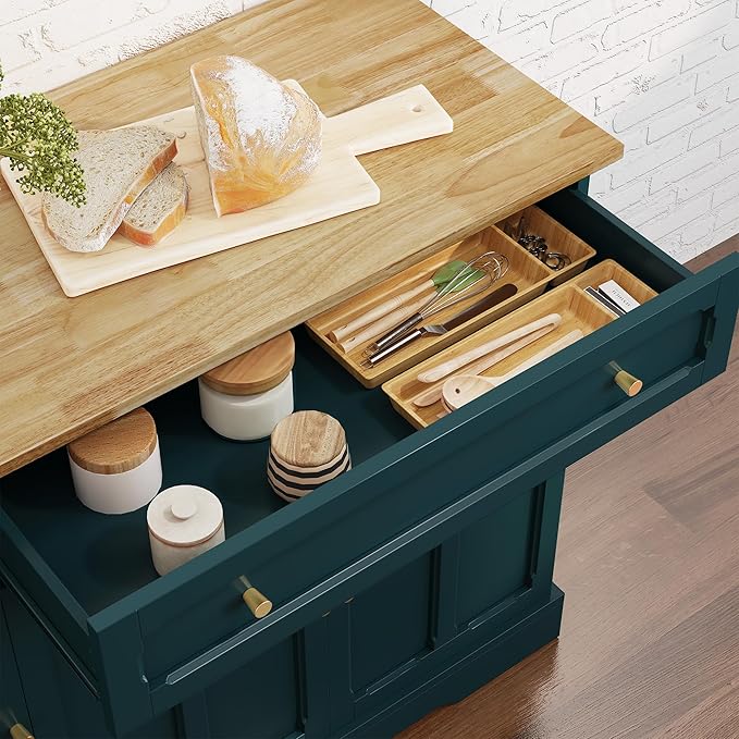 HLR Kitchen Island Cart with Storage, Carved Doors Modern Rolling Islands with Drop Leaf, Sideboard Buffet Cabinet on Wheels, Prep Table for Kitchen, Dining Room (Green)