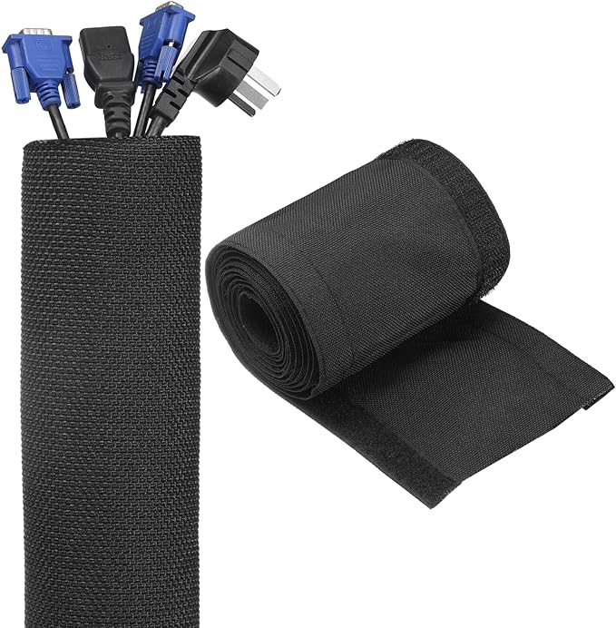 uxcell Hook and Loop Cable Management Sleeve, 10ft x 1.4 Inch Flexible Cable Wrap Cover Wire Hider, Cord Organizer and Cable Protectors for Desk TV Computers, Black