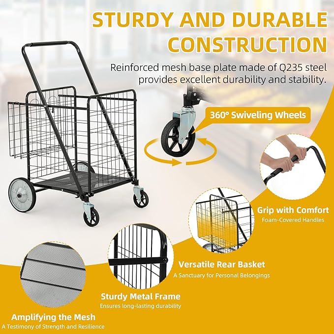 DWVO Super Jumbo Folding Shopping Cart Heavy Duty, Rolling Foldable Grocery Cart with Wheels, Portable Collapsible Utility Cart with Double Basket for Shopping Groceries Laundry Storage