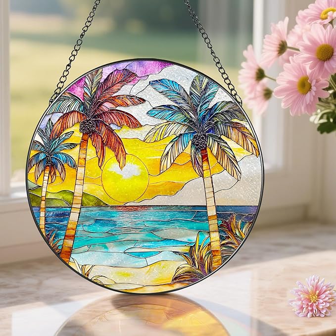 Stained Glass Window Hanging, 8 Inch Beach Sunset Stained Glass Suncatcher, Window Hanging Decor, Beach Lover Home Decor, Seabeach Sunrise Suncatcher, Gift for Mom Grandma