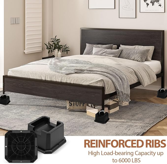 shouwuhho Bed Risers 3 inch, Furniture Risers Elevation in Heights 3 Inch Heavy Duty, Bed Lift Risers for Caster Wheels or Posts of Bed Table Couch, Support up to 6000 lbs, Black, 6 Pack