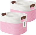 Cotton Rope Basket, Storage Baskets with Handle, 15x10x9 Inch Woven Basket for Shelves, Laundry, Towels, Clothes, Books (White/Pink 2Pack)