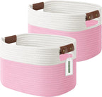 Cotton Rope Basket, Storage Baskets with Handle, 15x10x9 Inch Woven Basket for Shelves, Laundry, Towels, Clothes, Books (White/Pink 2Pack)