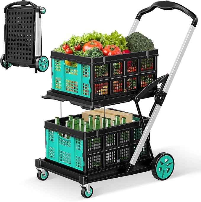 Collapsible Shopping Cart, 8-in-1 200LBS Multi Functional Utility Cart with 2 Storage Crate, Adjustable Handle Grocery Cart on Wheels for Shopping/Warehouse/Office/Supermarket - Blue