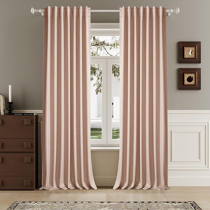 Baby Pink Linen Full Blackout Curtains 108 Inch Length 2 Panels Set for Living Opaque Privacy Back Tab Thermal Insulated 100% Black Out Room Darkening 9ft Window Curtain Drapes 108 Inches Long