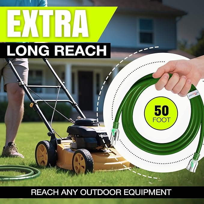 50ft Outdoor/Indoor Extension Cord 16/3 Gauge Heavy Duty 3 Prong SJTW, Waterproof, Flexible Cold-Resistant Long Power Cord,13A 125V 1625W, Green by LifeSupplyUSA