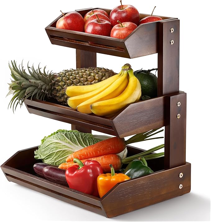 HOLANA Acacia 3 Tier Fruit Basket for Counter – Wooden Fruit Bowl for Kitchen Counter Organizer, Vegetable & Produce Storage, Wooden Basket & Snack Organizer for Countertop Storage (Walnut)